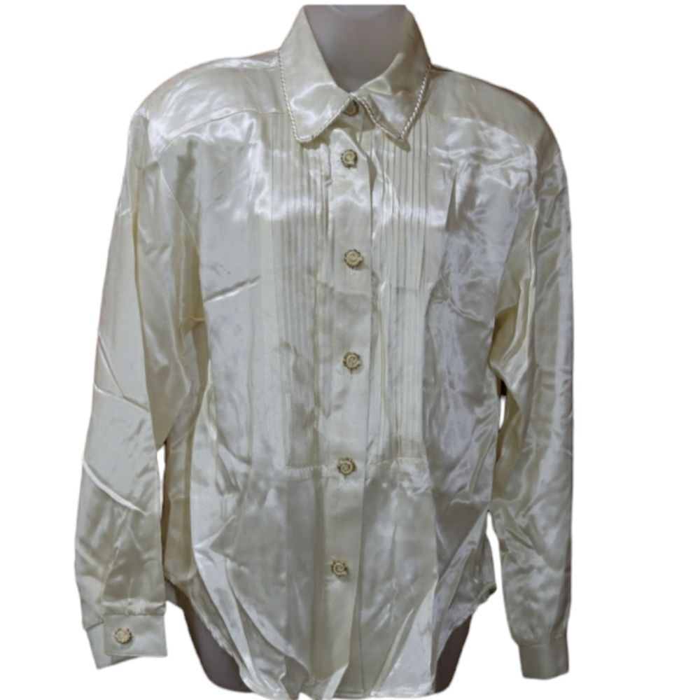 City Girl By Nancy Bolen Off White Pleated Long Sleeve Button Down Vintage Top L